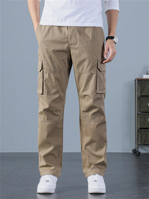 Male Solid Straight Multiple Pockets Cargo Straight Trousers