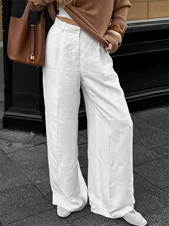 Women's Simple Spring White Cotton Blend Wide Leg Casual Pants