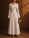 Women Beige Ribbed Knit Collared V Neck Casual Office Flare Maxi Dress