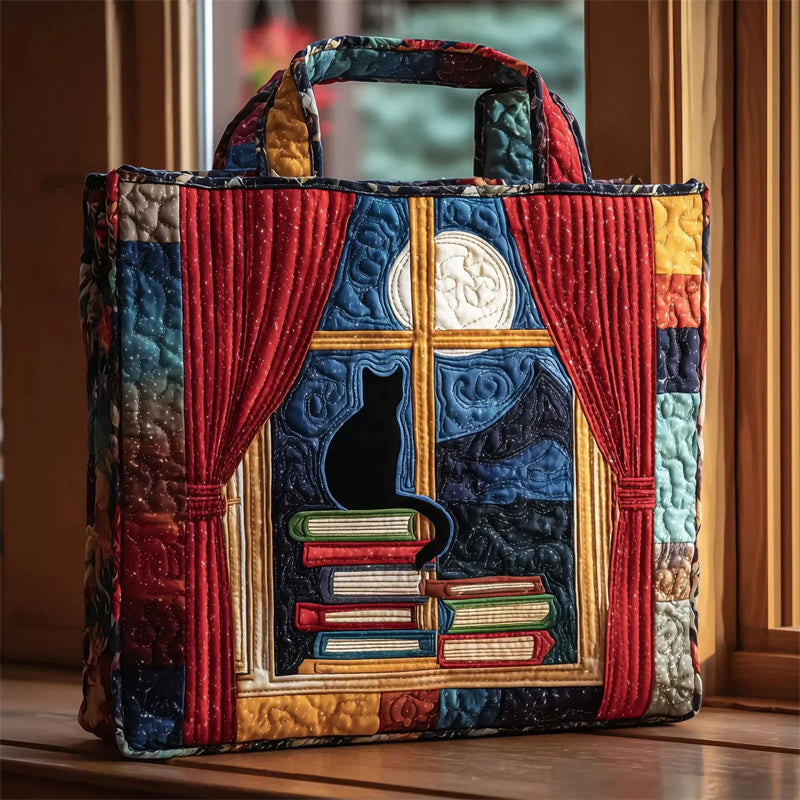 Quilted Moonnight Bookshelf and Cat Tote Bag