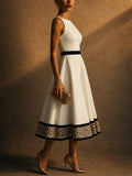 Women White Sleeveless A Line Midi Elegant Leopard Hem Dress