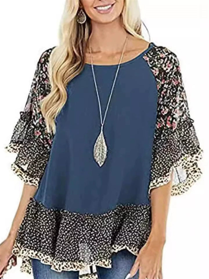 Women's Summer Casual Floral Print Patchwork BatWing Sleeve Shirts