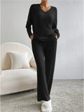 Women's Comfy V Neck Long Sleeve Ribbed Knit Top & Pants Outfits