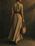 Womens Khaki V Neck Belted Linen Safari Maxi Shirt Dress