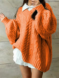 Ladies V Neck Lantern Sleeve Mid-Length Cable Knit Sweater