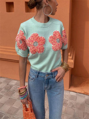 Women's Beautiful Floral Crew Neck Short Sleeve Knit Sweater
