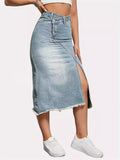 Female Splicing Frayed Hem Slit Denim Skirts