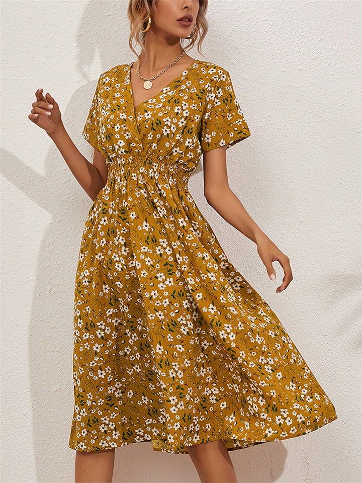 Women's Summer Holiday Style Floral Printed V Neck Midi Dress