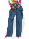 Korean Style Women's Patchwork Belted Wide Leg Denim Pants