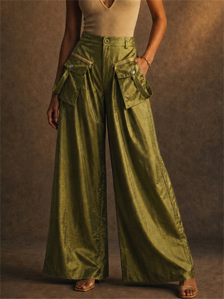 Women Metallic High Waist Cargo Wide Leg Pants with Pockets
