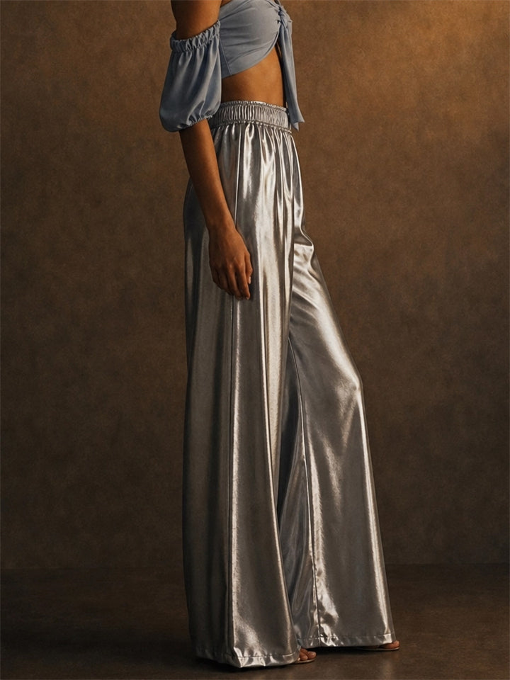 Womens Metallic Drawstring High Waist Wide Leg Shiny Party Pants
