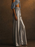 Womens Metallic Drawstring High Waist Wide Leg Shiny Party Pants