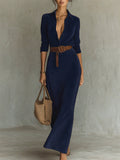 ‌Women's Vintage Sexy Buttons Lapel Velvet Dress‌ with Belt