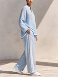 Women Long Sleeve Stand‑Collar Quarter Zip and Wide Leg Pants Set