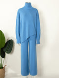 Women's Trendy Semi High Neck Solid Color Asymmetric Hem Sweater Outfit