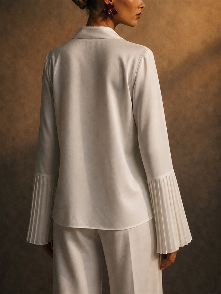 Womens Elegant Pleated Flare Sleeve Cutout V Neck Blouses