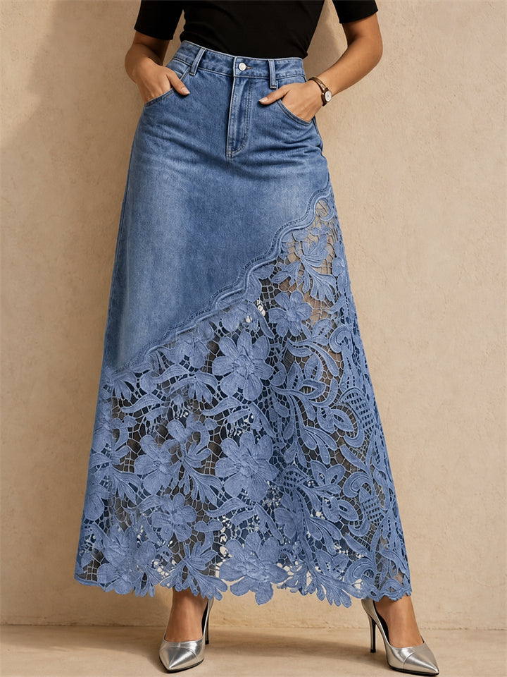 Women High Waist Floral Lace Patchwork Denim Maxi Skirt
