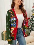 Women's Autumn Contrast Color Jacquard V Neck Cardigan Christmas Sweaters