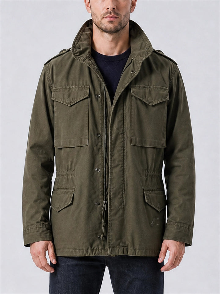 Men Vintage Zip Up Drawstring Waist Multi Pocket Coat