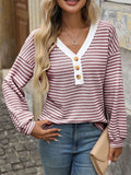 Women Striped Knit V Neck Long Sleeve Loose Fit Casual Shirts