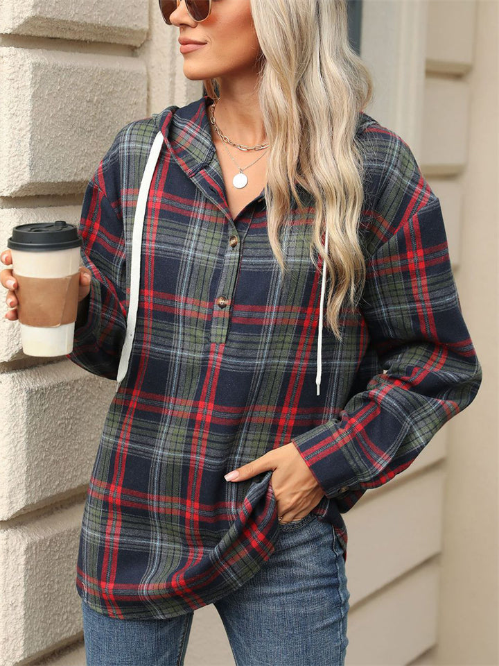 Women's Casual Autumn Contrast Color Plaid Long Sleeve Hoodies