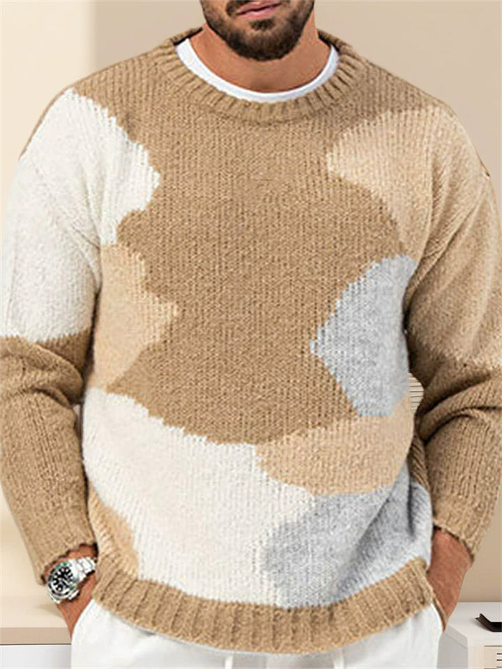 Men's Casual Contrast Color Jacquard Round Neck Pullover Sweater