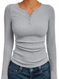 Women's Solid Color Striped Buttons Pullover Slim-fit Long Sleeve Shirts