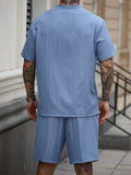 Men's 2Pcs Summer Solid Color V Neck Henley Shirts & Pants Set