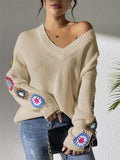 Ladies' Autumn Trendy V Neck Crochet Long Sleeve Sweaters