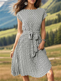 Female Popular Waist Lacing Cap Sleeve Printed Dresses