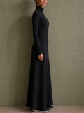 Womens Casual Black Half Zip Long Sleeve Maxi Dress