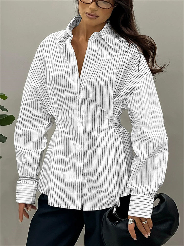 Women's Striped Cinched Waist Design Long Sleeve Blouses