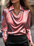 Elegant Geometric Print Turn-Down Collar Satin Blouse for Women