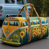 Green ‌Hippie Bus Sunflower Quilted Duffel Bag