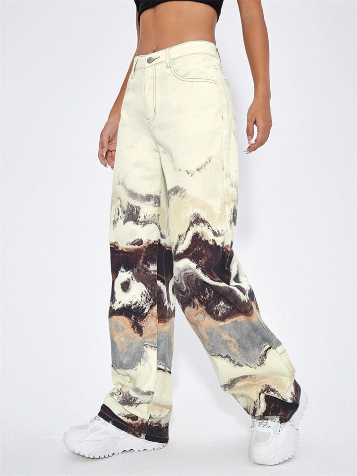 Casual Print High Rise Straight Denim Pants for Women