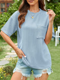 Women's Solid Color Stripe Pockets Short Sleeve Shirts