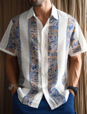Men's Summer Blue Print Contrast Color Holiday Style Short Sleeve Shirt
