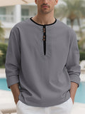 Men's Contrast Trim Cotton Linen Casual Long-sleeved Henry Shirts