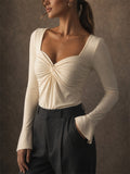 Womens Ruched Sweetheart Neck Twist Front Bell Sleeve Top