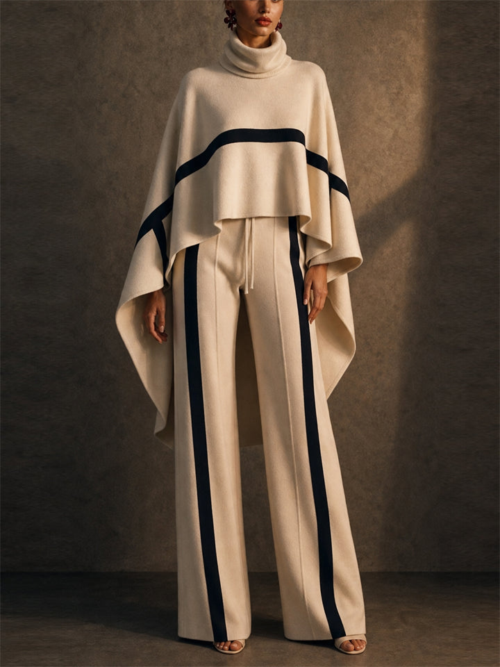 Women's Elegant Turtleneck Raglan Sleeves Color Block Cape and Pants Set