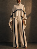 Women's Elegant Turtleneck Raglan Sleeves Color Block Cape and Pants Set