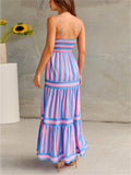 Ladies Casual Striped Backless Slip Dress with Pockets