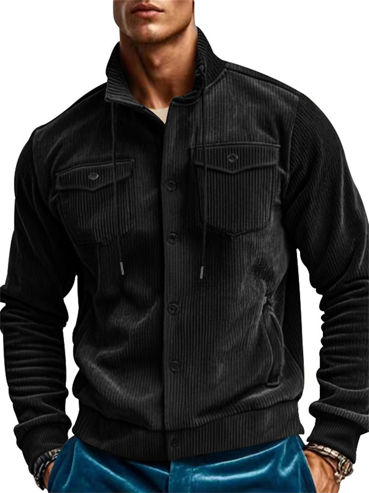 Men's Solid Color Corduroy Pockets Cardigan Cargo Jackets