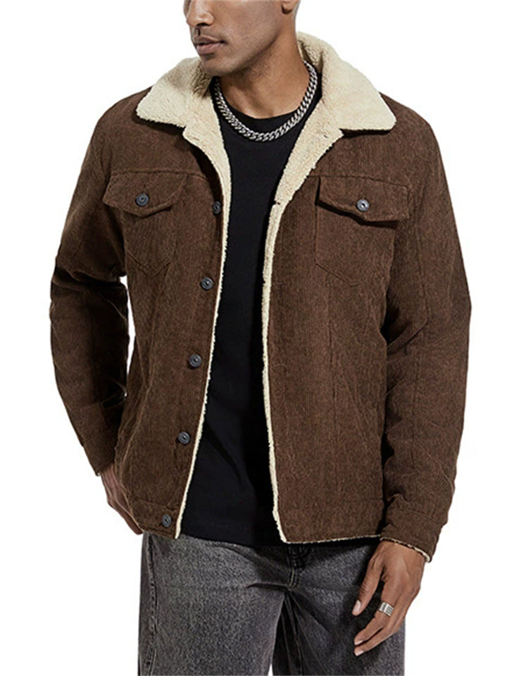 ‌Men’s Winter Lapel Thick Corduroy Fleece Lined Coats