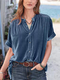 ‌Women's Elegant Velvet Button Up Round Neck Short Sleeve Blouse‌