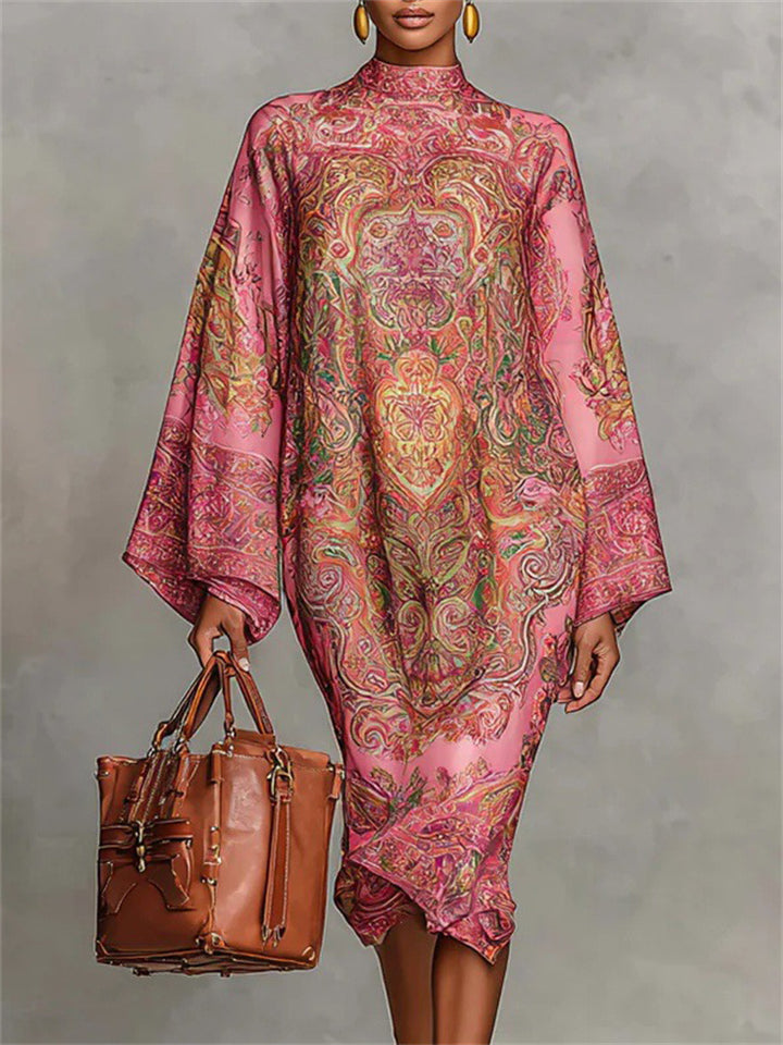 ‌Women's Elegant Ethnic Style Long Sleeve Paisley Print High Neck Dress‌