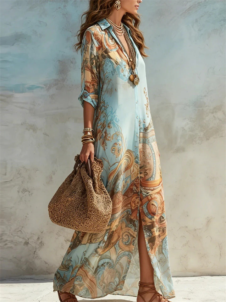 Womens Elegant Baroque Print Maxi Button Down Shirt Dress