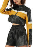 Women's Faux Leather Contrast Color Crop Motorcycle Coat