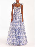 Blue Floral Print Organza Princess Dress