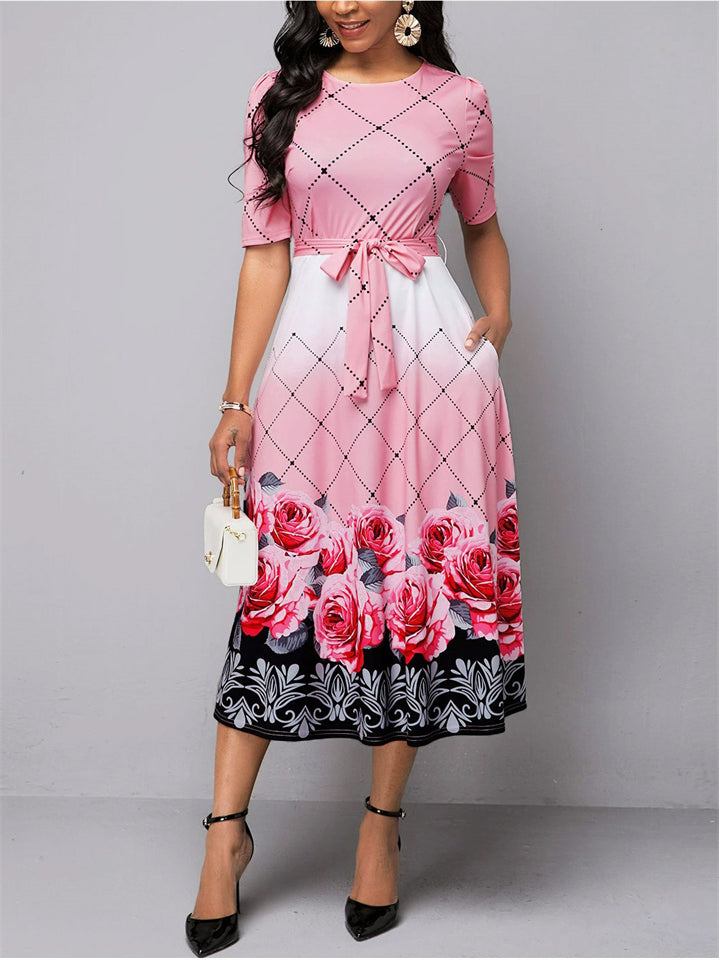 Women's Rose Printed Round Neck Short Sleeve Tie Waist Midi Dress